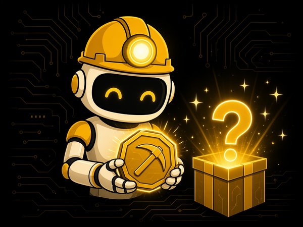 Robot miner holding a commemorative medallion next to a mystery box