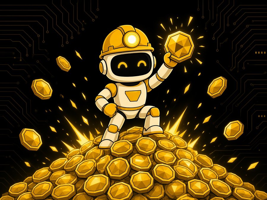 Robot miner sitting on a pile of gold coins